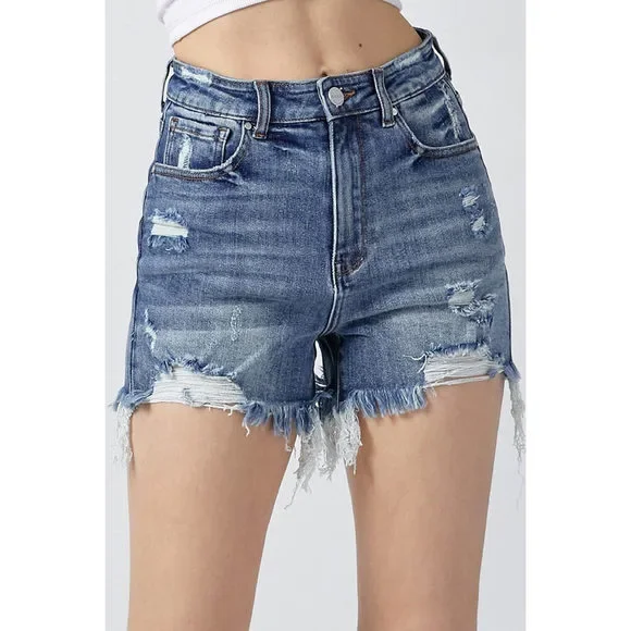RISEN High Rise Distressed Denim Shorts - Picture 1 of 6